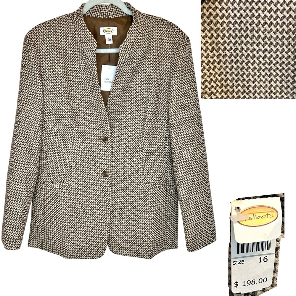 Vintage‎ 90s Talbots Blazer Wool 16 XL Tan Cream Houndstooth Basketweave Jacket